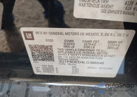 2020 GMC Sierra 1500 2Wd Short Box Slt из США, поврежденный, VIN 3GTP8DED4LG386545